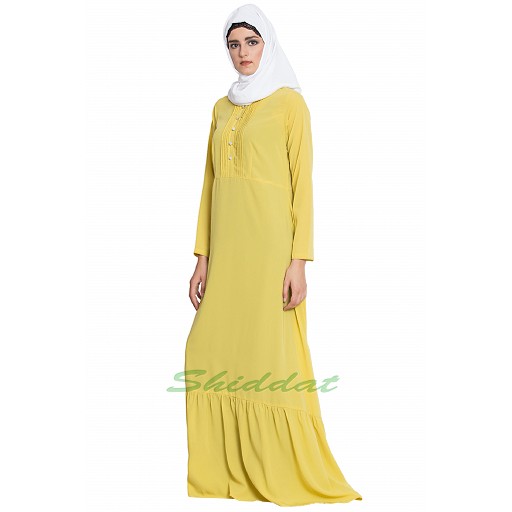 Frilled abaya dress with pintucks- lemon yellow